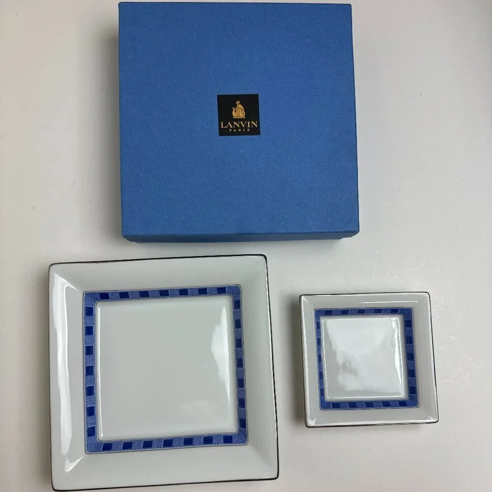 Lanvin Paris Porcelain Set of 2 Serving plate dish Trinket Dish White & Blue